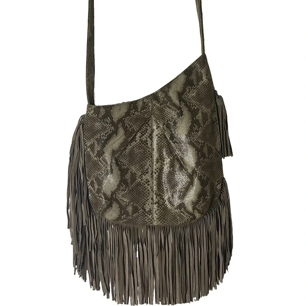 MUXO Camila Alves Boho Fringe Hobo Shoulder Bag Brown Python Suede Leather